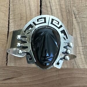 Taxco Cuff Bracelet Sz 6 Adjust Carved Black Onyx Mask Aztec 925 Sterling 44.5g